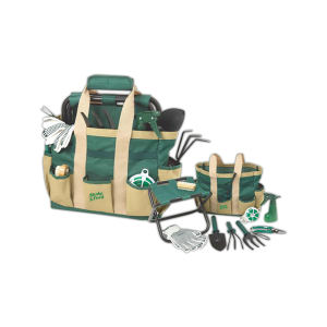 Two in one garden tool combo, 8-tools, stool, in polyester bag with 8-outer pockets.