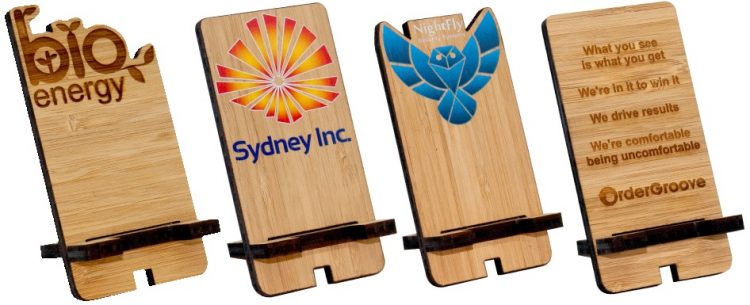 Custom shaped & printed bamboo wood phone stands