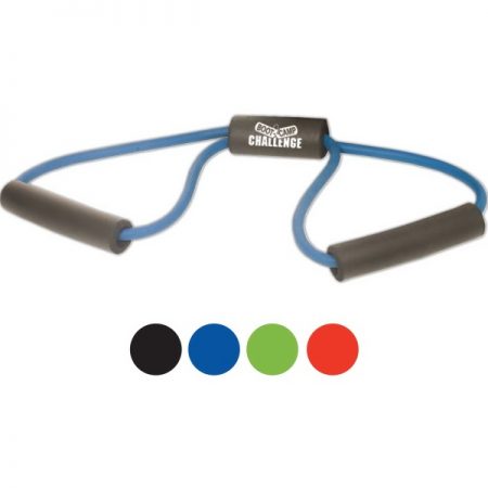 Exercise Band/Rubber Tube with EVA foam handles and custom printed center foot pad. 