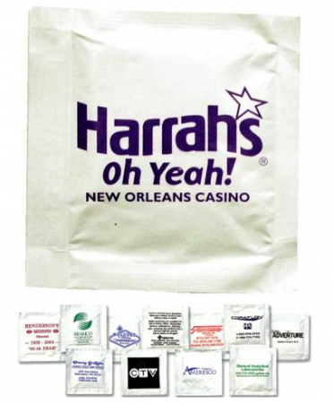 Moist Towelette Packet with a custom printed logo or branding.