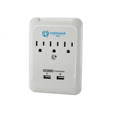 Wall outlet surge protector and USB charging station. 