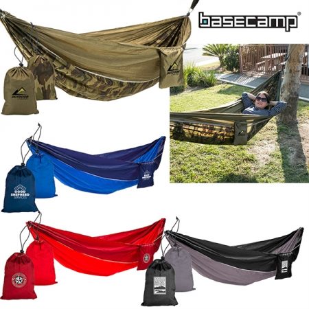 Portable hammock with a custom printed carrying sack.