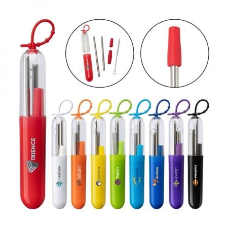 2 Piece Stainless Steel Straw with cleaning brush and silicone end sleeves in case.