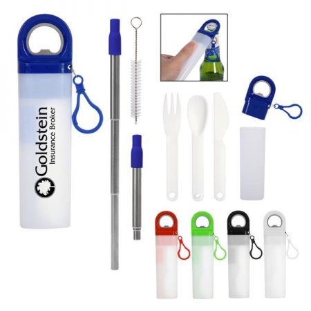 Utensil set with bottle opener in a portable container.