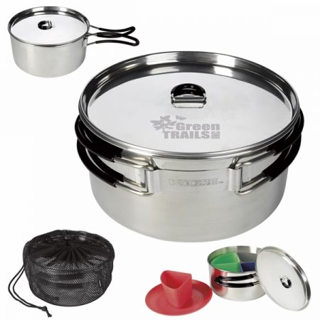 Portable cookware with dishes and personalized branding.