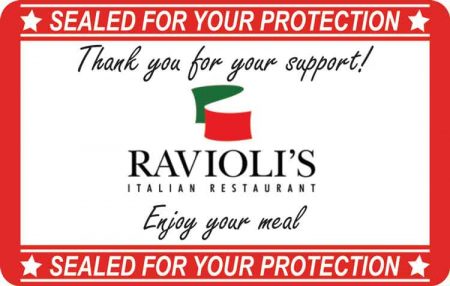 Rectangle tamper evident sticker for delivery or take-out packaging.