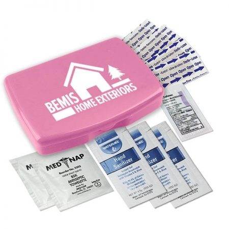Reusable, portable first aid sanitizer kit.