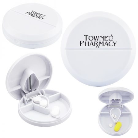 Circular pill box with cutter and large capacity.