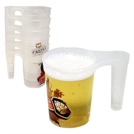 Stackable plastic beer mugs with nesting handles and custom printed branding. 