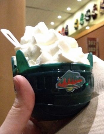 Custom branded team logo plastic bowl in the shape of hockey helmet. 