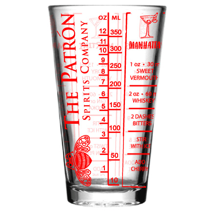 Personalized drink measuring and cocktail recipe mixing glass. Logo branded 16oz drinkware. 