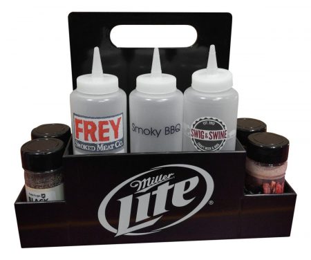 Custom printed table caddy for condiment bottles, salt shakers and sweetener packets.