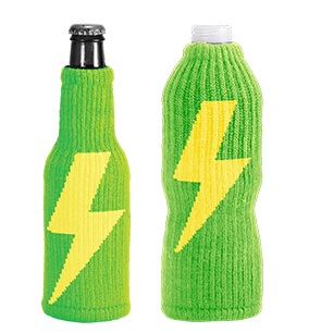 Bottle koozie with your design custom woven into the sweater yarn material. 