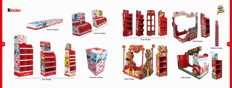 Examples of custom designed and printed cardboard retail displays.