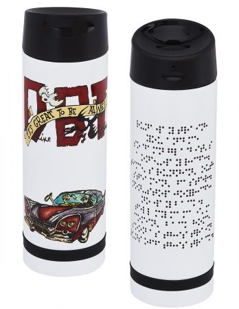 Example tumbler with custom printed braille dots that have a raised texture. 