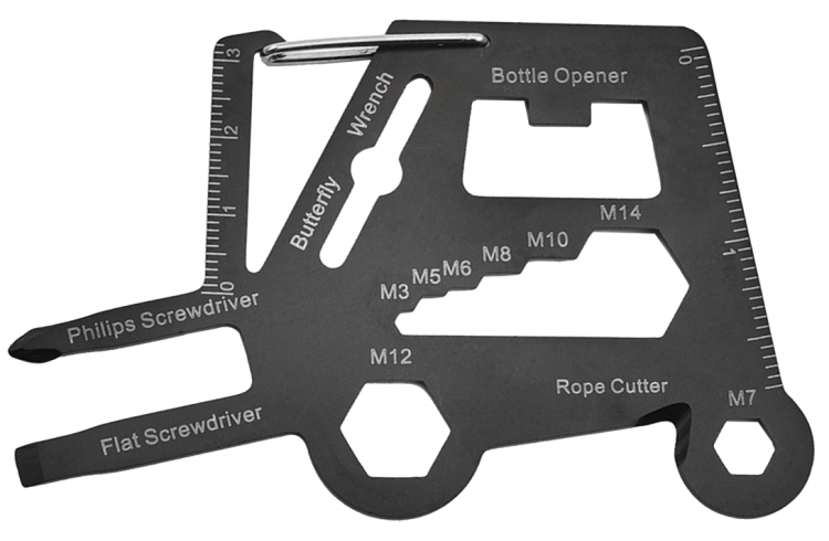 Forklift and skidloader shaped flat pocket card multitool. 