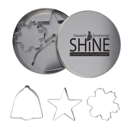 Personalized Metal Cookie Cutter Set w/ Snowflake, Bell, and Star Shapes in Tin Travel Case w/ Custom Imprint