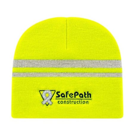 Personalized Acrylic Knit Beanie w/ Reflective Stripes in Crown Custom Printed w/ Your Logo