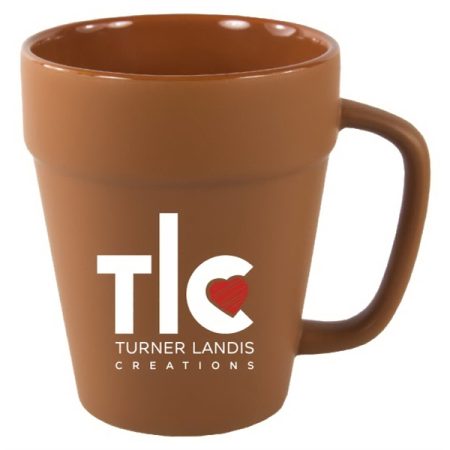 Flower pot shaped coffee mug with your custom printed logo.