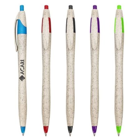 Promotional custom printed pens with plant based material mixed in for accents. 