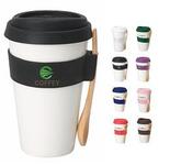 Spoon Holding Double-wall Porcelain Mug with Silicone Lid