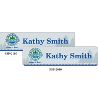 2" x 8" nameplate measuring .05" thick with a foam adhesive.... from ASI...