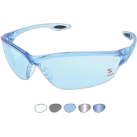 Fashionable safety glasses feature a wrap-around lens design with greater...