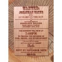 Wooden invitation cards measure 4 1/2" x 6" and are made... from ASI 92531...
