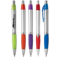 Solid colored retractable ballpoint pen with plastic construction and rubber...