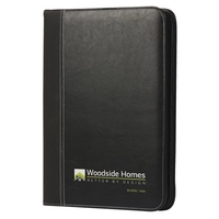 Black leatherette padfolio with white stitching, zipper closure and solar...