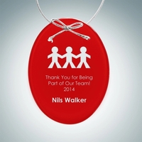 1/8" thick oval ornament with a hand-finished design, silver ribbon, and......