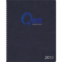 Wire-bound weekly planner with foil imprint and leatherette wraparound cover...