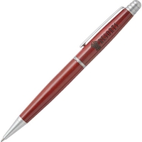 Twist-action ballpoint pen with shiny chrome trim, brown wood barrel and......