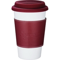 Double-wall ceramic 11 oz tumbler with wrap and a silicone lid.... from ASI...