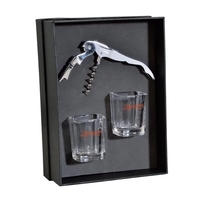 Gift set featuring a double-hinged corkscrew and two square shot glasses.......