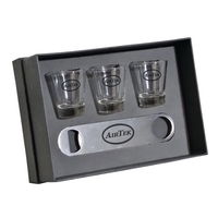 Gift set with three 1.5 oz. shot glasses and a bottle... from ASI 57655...