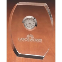 Glass award with an encased clock, flat bottom and customization.... from ASI...
