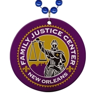 33" strand of Mardi Gras beads with 2.875" round polystone disc... from ASI...