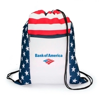 Drawstring backpack features a patriotic design with front zipper pocket. ......