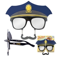 Plastic novelty sunglasses with UV400 lenses, police hat and mustache...