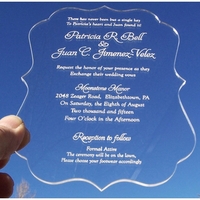 Laser-engraved, acrylic invitations measure 4 1/2" x 6" to fit...