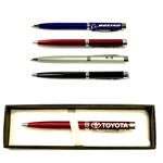 Twist action pen with laser pointer and flashlight