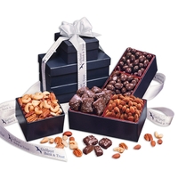 Navy gift tower with chocolate, nuts, caramels and tied with imprinted......