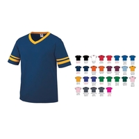 Youth sleeve stripe jersey with contrasting V-neck collar and set-in...