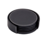 Rustic Black Leather 4 Round Coasters with Holder