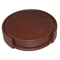 Classic Leather 4 Round Coasters with Holder