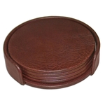 Classic Leather 4 Round Coasters with Holder