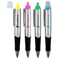 Highlighter and pen combo with silver barrel and rubber grip section.... from...