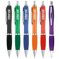 Pen, Translucent colored barrel with matching comfort grip and chrome...