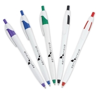 White barrel European design ballpoint with colored accents and shiny...